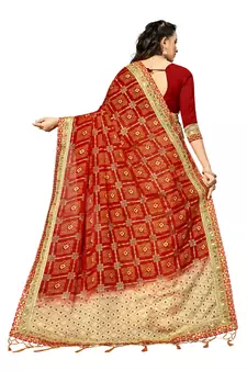 Women's Bandhani Chiffon Saree With Blouse Piece Beige