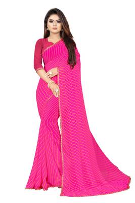 Women's Striped Bandhani Georgette Saree Pink 1