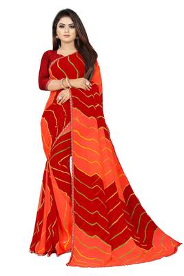 Women's Striped Bandhani Georgette Saree Red & Peach 1