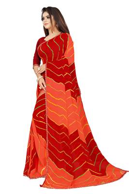 Women's Striped Bandhani Georgette Saree Red & Peach 2