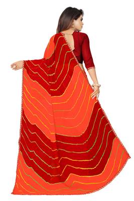 Women's Striped Bandhani Georgette Saree Red & Peach 3