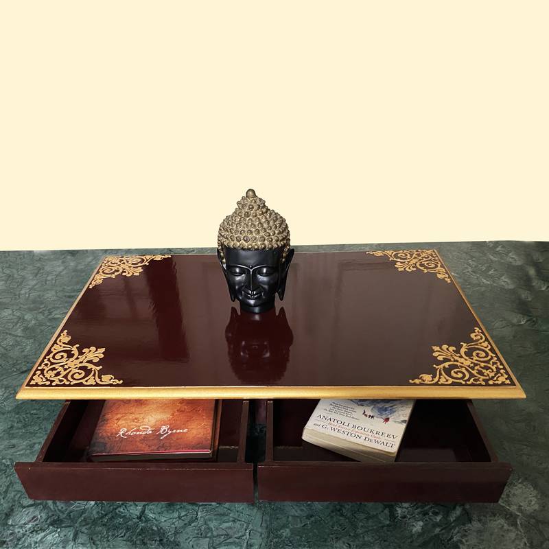 End Table Living Room Bedroom Decor Hand painted Brown Stand Study Table Stationery Books Holder 2 Drawer Puja Chowki