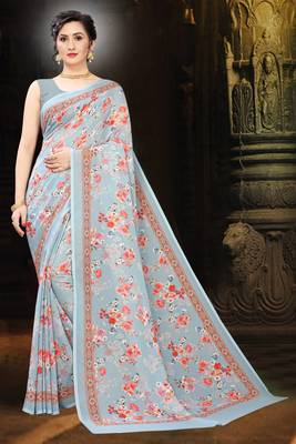 Multicolor Digital Print Weightless Georgette Saree with Blouse Piece 1