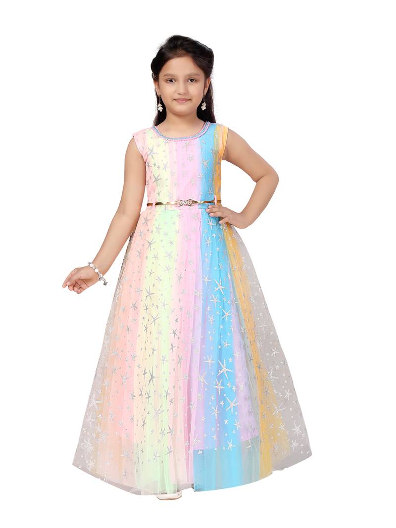 Multicolor plain net kids-girl-gowns