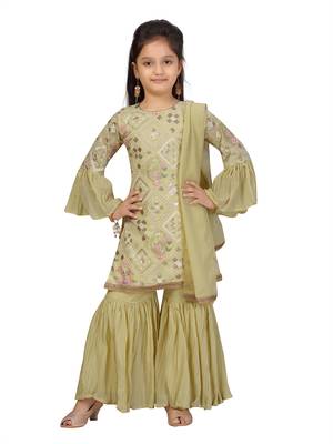 Green embroidered georgette girls-top-bottom 1