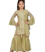 Green embroidered georgette girls-top-bottom