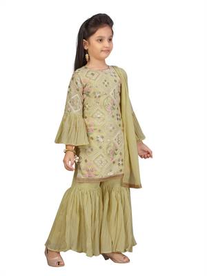 Green embroidered georgette girls-top-bottom 3