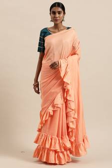 Kvsfab Women'S Orange Dola Silk Ruffle Saree
