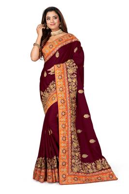 Wine embroidered satin saree with blouse 1