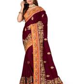 Wine embroidered satin saree with blouse