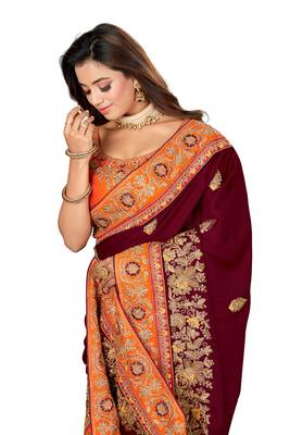 Wine embroidered satin saree with blouse 2