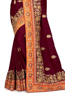 Wine embroidered satin saree with blouse 3