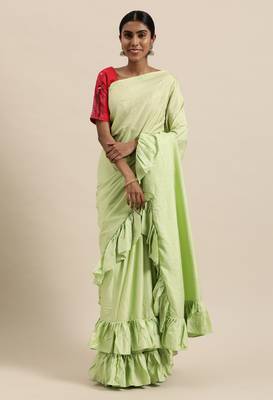 Kvsfab Women'S Green Solid Dola Silk Ruffle Saree 1