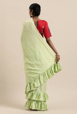 Kvsfab Women'S Green Solid Dola Silk Ruffle Saree 2