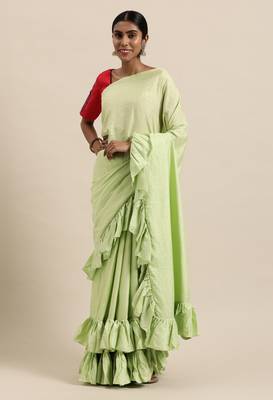 Kvsfab Women'S Green Solid Dola Silk Ruffle Saree 3