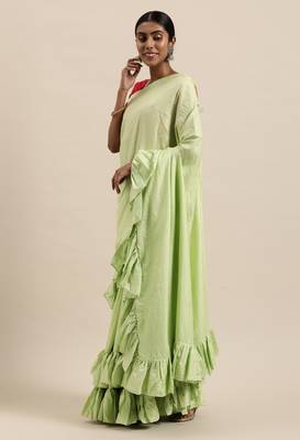 Kvsfab Women'S Green Solid Dola Silk Ruffle Saree 4