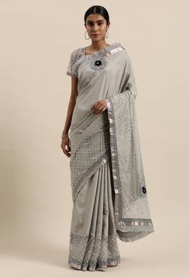 Kvsfab Women'S Grey & Black Floral Embroidered Silk Blend Zari With Patch Work Saree 1