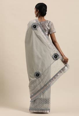 Kvsfab Women'S Grey & Black Floral Embroidered Silk Blend Zari With Patch Work Saree 2