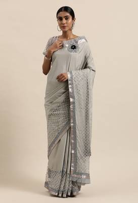Kvsfab Women'S Grey & Black Floral Embroidered Silk Blend Zari With Patch Work Saree 3