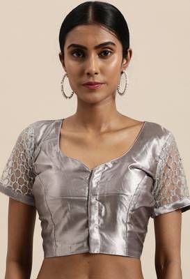 Kvsfab Women'S Grey & Black Floral Embroidered Silk Blend Zari With Patch Work Saree 5