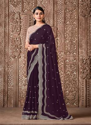 Wine embroidered georgette saree with blouse 1