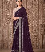 Wine embroidered georgette saree with blouse