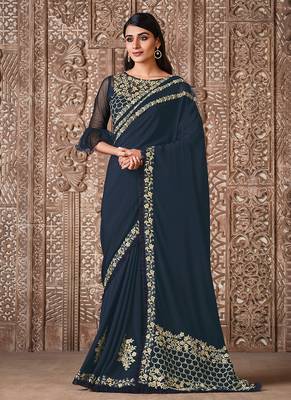 Blue Embroidered Georgette Saree With Blouse 1