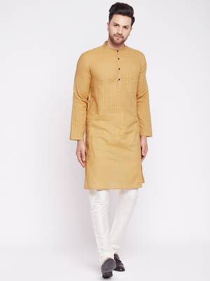 Beige plain cotton men-kurtas 1
