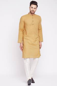 Beige plain cotton men-kurtas