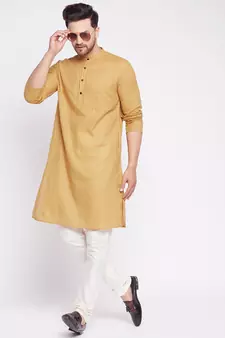 Beige plain cotton men-kurtas