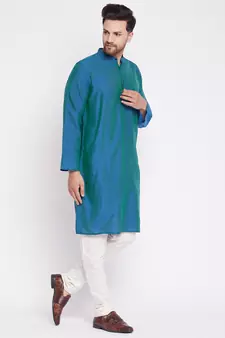 Blue plain dupion men-kurtas