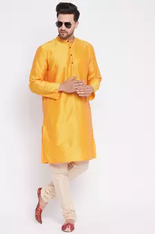 Yellow plain dupion men-kurtas