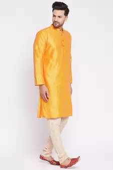 Yellow plain dupion men-kurtas