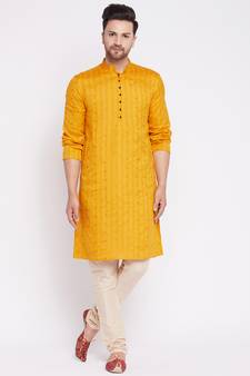 Yellow plain linen men-kurtas