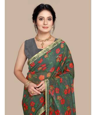 grey Organza saree with blouse piece 2