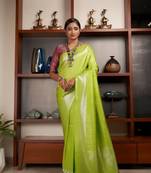 Parrot-Green Woven Woven Silk Blend Kanjeevaram Silk Saree