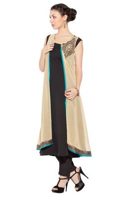 Beige embroidered georgette kurta &-sets 2