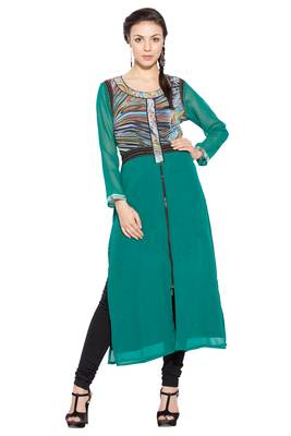 Green printed georgette kurta &-sets 1