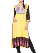 Yellow embroidered cotton kurta &-sets