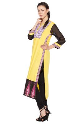 Yellow embroidered cotton kurta &-sets 2