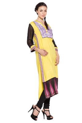 Yellow embroidered cotton kurta &-sets 3