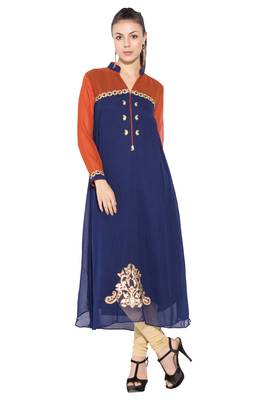 Navy-blue embroidered georgette kurta &-sets 1