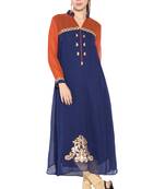 Navy-blue embroidered georgette kurta &-sets