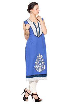 Blue embroidered cotton kurta &-sets 3