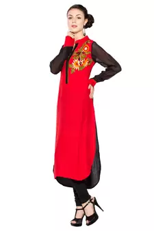 Red embroidered cotton kurta &-sets