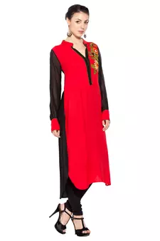 Red embroidered cotton kurta &-sets