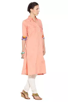 Peach plain cotton kurta &-sets