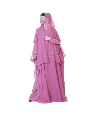 Pretty Pink Abaya Like Dress With Handwork Embellishments And A Matching Hijab 1