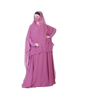 Pretty Pink Abaya Like Dress With Handwork Embellishments And A Matching Hijab 3