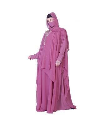 Pretty Pink Abaya Like Dress With Handwork Embellishments And A Matching Hijab 4